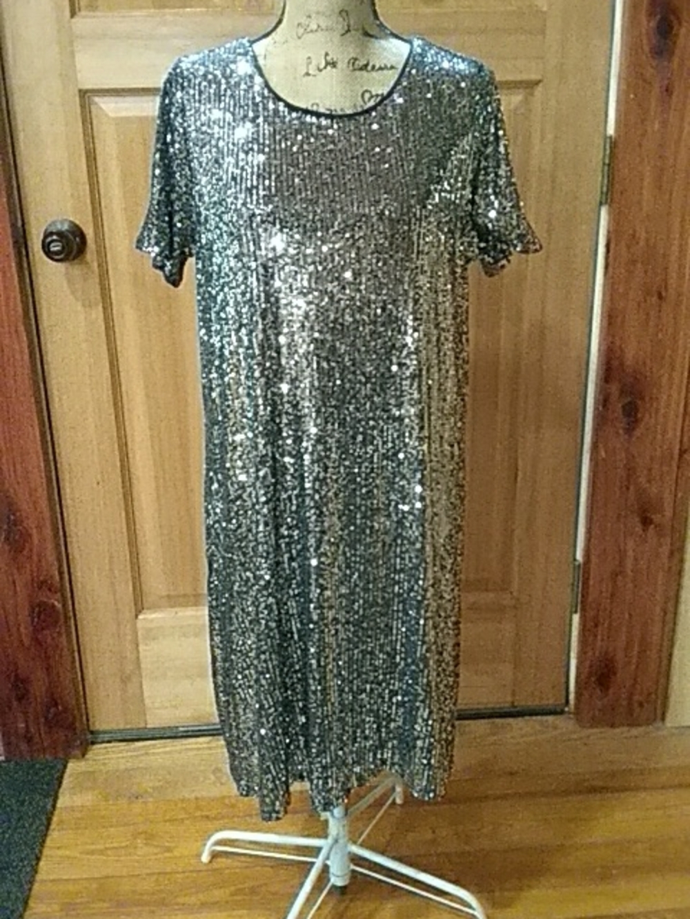 Silver Sequin Short-Sleeve Shift Dress